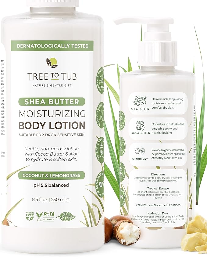 Tree to Tub Cocoa Butter Lotion for Sensitive Skin - Moisturizing Shea Butter Lotion for Extremely Dry Skin for Women & Men - Lemongrass & Coconut Body Cream w/Organic Aloe Vera, Colloidal Oatmeal