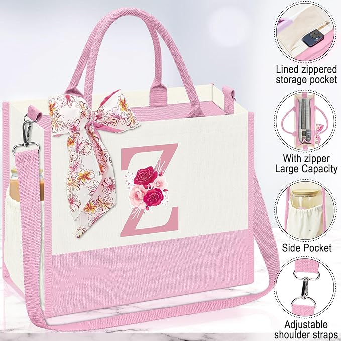 Monogrammed Gifts for Women,Personalized Gift for Women,Initial Canvas Tote Bag,16oz Initial Glass Cup,Makeup Bag for Sister,Jewelry Organizer Box,Birthday Gifts for Aunt Niece-Z
