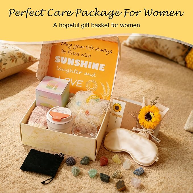 Alitifiy Get Well Soon Self Care Package Box, Birthday Xmas Gifts for Women, Sunflower Relaxing Feel Better Soon Basket Package w/ 12pcs Crystals Healing Stones, Sunshine and Wellness Presents for Her