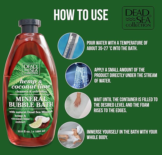 Dead Sea Collection Bubble Bath with Hemp & Coconut Lime for Women and Men – Pure Dead Sea Minerals - Relaxing Foaming Bath - Nourishing and Moisturizes Skin - Pack of 2 (67.6 fl.oz)