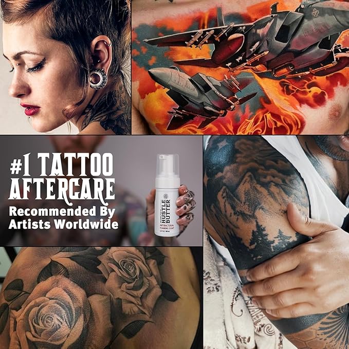 Hustle Bubbles Tattoo Aftercare - Antibacterial Foaming Tattoo Soap for New Tattoos and Piercings - TSA Approved - Vegan, Cruelty Free - 3.4 fl oz