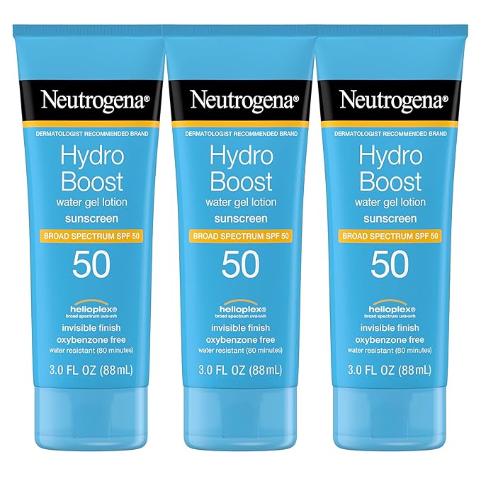 Neutrogena Hydro Boost Moisturizing Water Gel Sunscreen Lotion with Broad Spectrum SPF 50, Water-Resistant & Non-Greasy Hydrating Sunscreen Lotion, Oil-Free, 3 fl. oz, 3 Pack