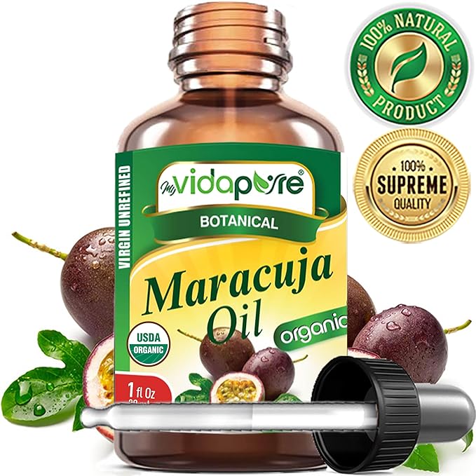 MYVIDAPURE Organic MARACUJA OIL Passion Fruit Certified Organic 100% Natural, Pure WILD GROWTH VIRGIN UNREFINED Brazilian for Skin, Face, Hair, Lip and Nail Care (1 Fl Oz)