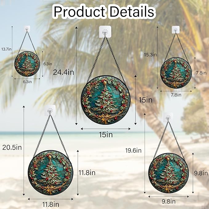 Stained Glass Window Hangings - Red Gold Green Wreath Suncatcher for Door Home Christmas Tree Decoration Sun Catcher Thanksgiving New Year Birthday Gift for Women Men Mom Grandma 11.8 in