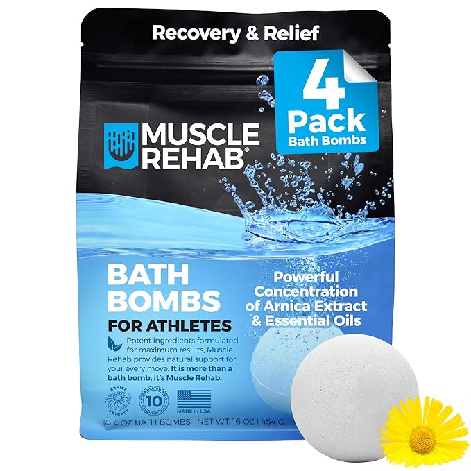 Epsom Salt Bath Bombs with Arnica (4 Pack) | Magnesium Recovery Soak for Sore Muscles, Post-Workout Relief & Relaxation | Eucalyptus, Turmeric & Clary Sage Essential Oils