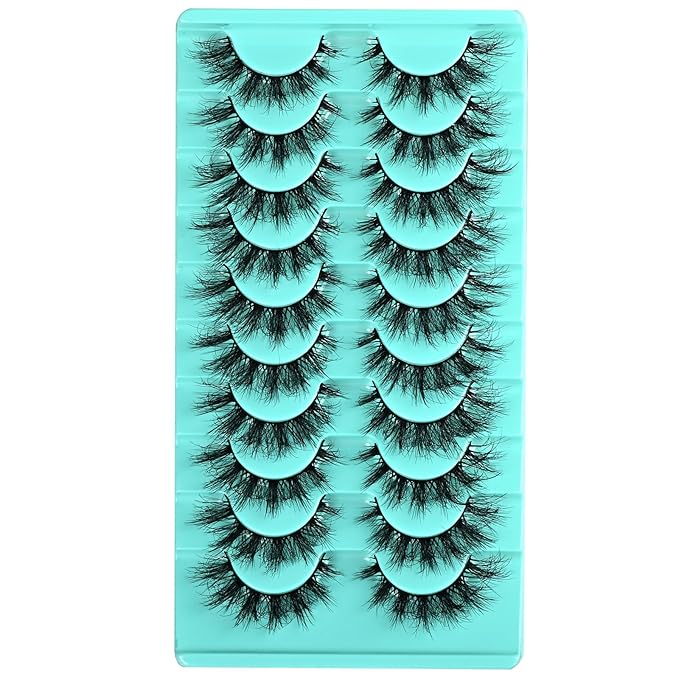 Mink False Eyelashes, 10 Pairs Fluffy Cat Eye Strips, Natural Looking Short Lashes with Soft Band, 3D Multi-Layered, Reusable, Cruelty Free (Flare Wispy, 9-15mm, Black)