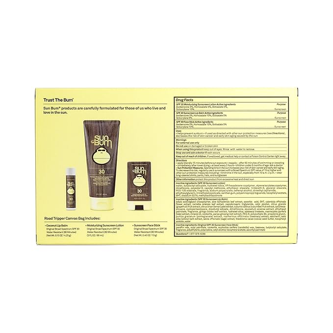 Sun Bum Road Tripper - Travel Sized Sun Care Pack with Sunscreen Lotion, Face Stick, and Lip Balm - SPF 30 Broad Spectrum UVA/UVB Protection - Hawaii 104 Act Compliant - TSA Friendly