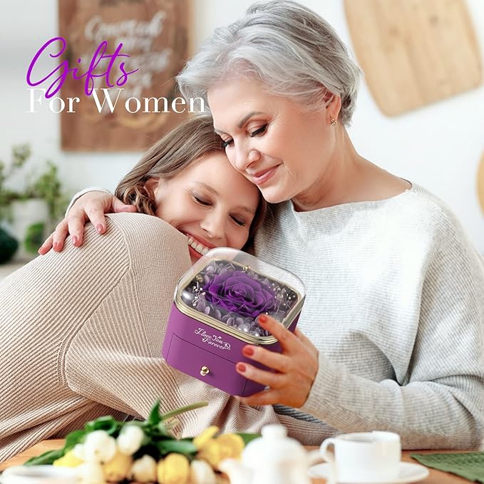 Preserved Real Purple Rose with Angle Wings Necklace, Forever Flowers Gifts for Mom Grandma Wife Girlfriend at Christmas Valentines, Anniversary Birthday Gifts for Women, I Love You Gifts for Her