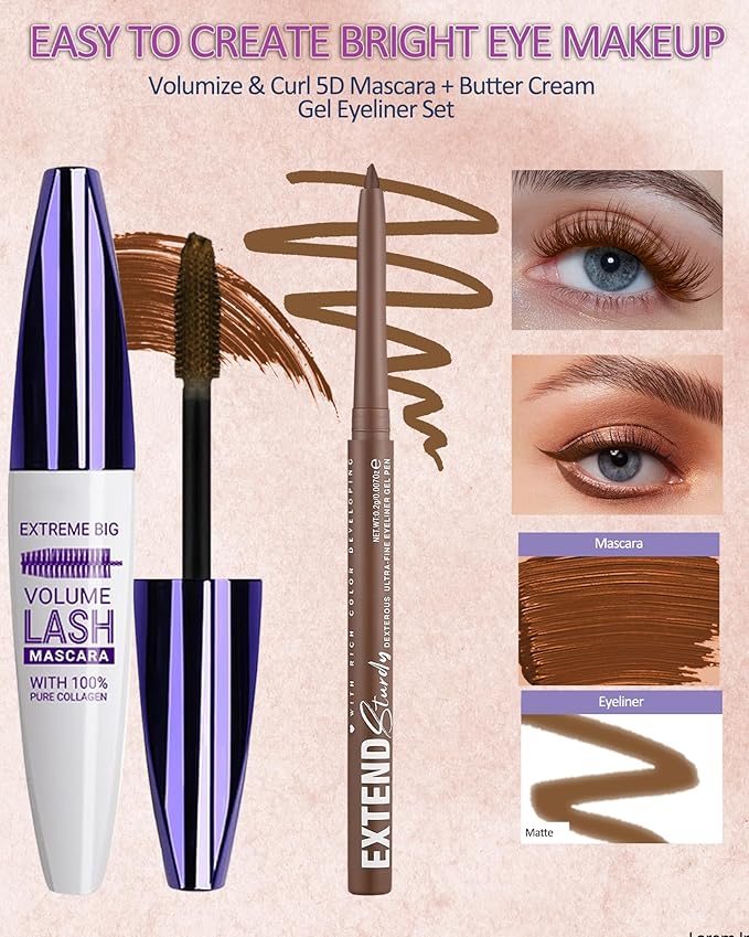 Brown Mascara and Brown Eyeliner Set,5D Waterproof Mascara Volume and Length Natural Lengthening Curling, Smudge Proof Brown Eyeliner Pencil, Natural Eye Makeup Gift Kit for Women in Halloween Set-05