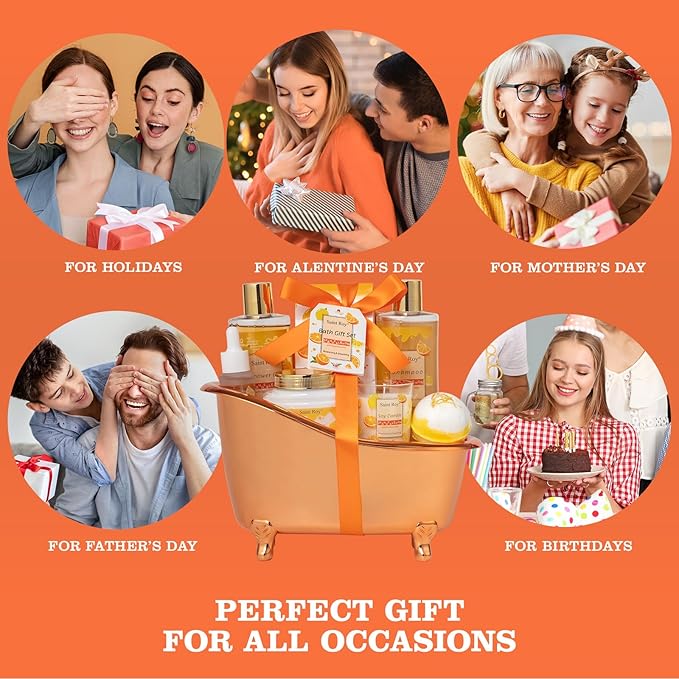 Orange Scents spa gift set Great Gift Lemon Spa Gifts for girls, Body care Set Birthday Gifts, Gift Baskets for Women, 11pcs Bath Gift Set for Women, Self Care Spa Kit Lemon Citrus Spa Gift Basket