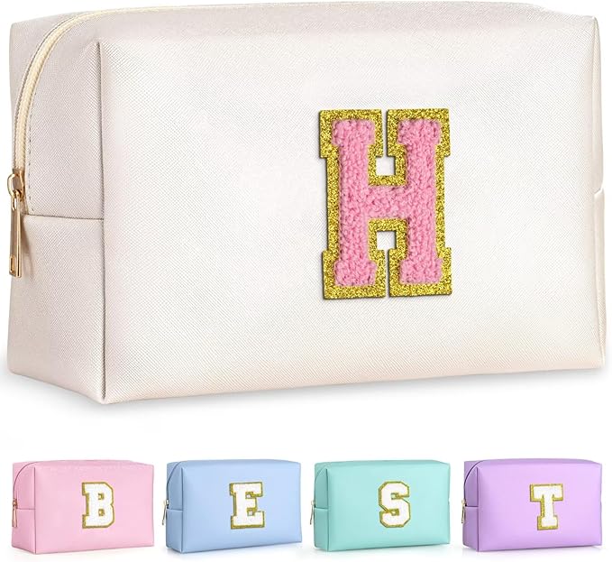 TOPEAST Preppy Bag, Monogrammed Makeup Bags with Zipper, Cute Makeup Pouch, Initial Birthday Gifts Bag for Daughter Friends Sister, Preppy Things for Girls (Pearly White H)