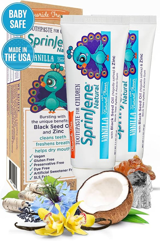 SprinJene Natural Children’s Toothpaste – Fluoride Free Vanilla Toothpaste for Toddlers & Kids – Gentle Safe Natural Formula with Patented Black Seed Oil & Zinc – Made in The USA (2 Pack)