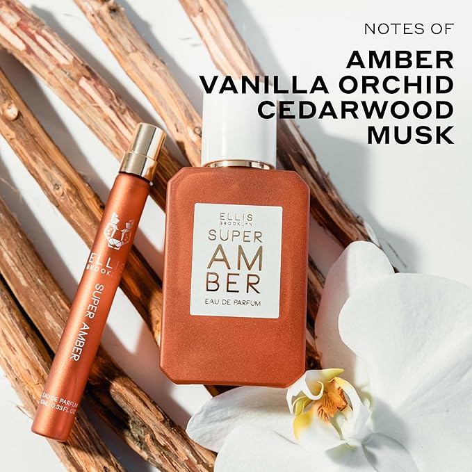 Ellis Brooklyn SUPER AMBER Eau de Parfum, Travel Spray, Warm Amber Perfume for Women, Gourmand, Vegan & Allergen-Free Fragrance with Vanilla Orchid, Cedarwood & Musk, 10ml / 0.33 Fl Oz