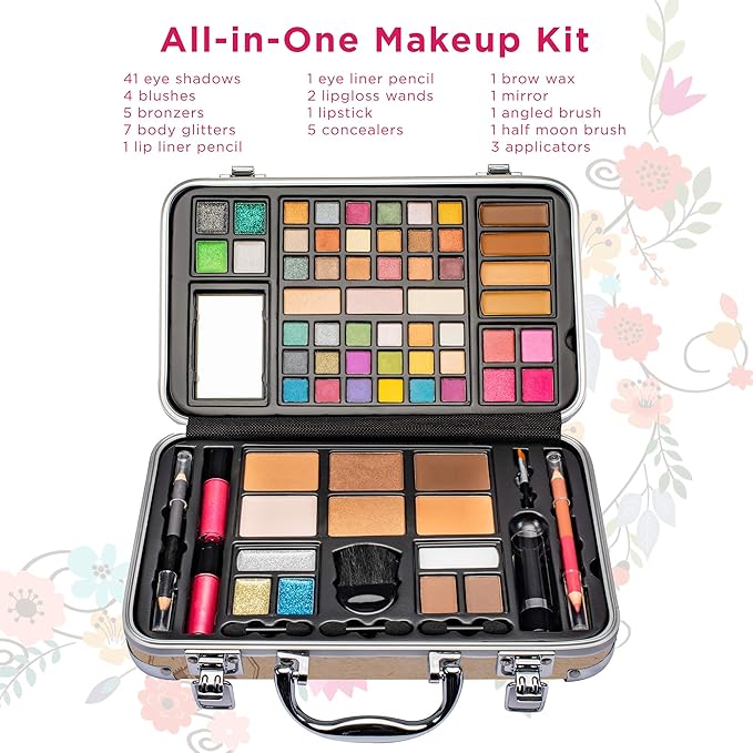 Vokai Makeup Kit Gift Set - 41 Eye Shadows, 7 Body Glitters, 1 Lip Liner Pencil, 1 Lipsticks, 4 Blushs, Eye liner pencil, 5 Concealers, 2 Lip Gloss, 5 Bronzers, Mirror