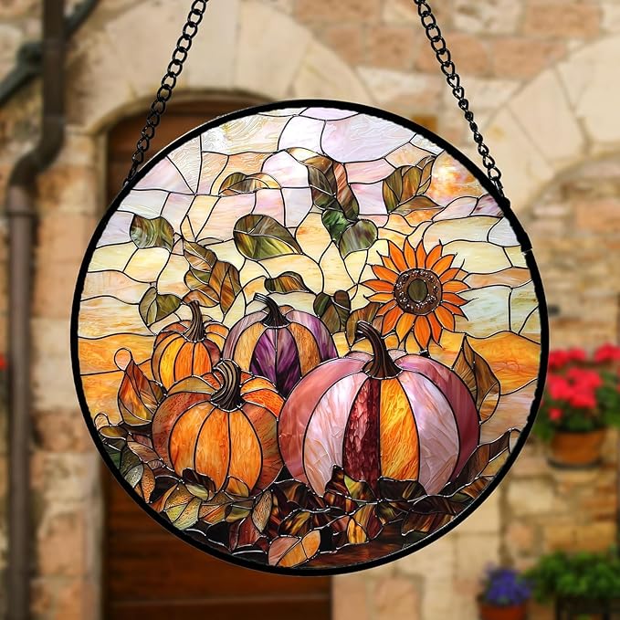Stained Glass Window Hanging, Pumpkin Sunflower Suncatcher Diamond Glass Panel Sun Catchers Decor for Birthday for Women, Men, Wife, Aunt, and Mom 14.9x14.9 in