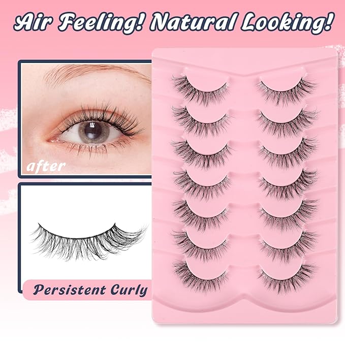 Eyelashes Natural Cat Eye Lashes 15mm Wispy Eyelashes Flared Fluffy Strip Lashes 0.1MM Thin Band False Eyelashes C Curl Lashes Siligli Eye Lashes Pack 7 Pair