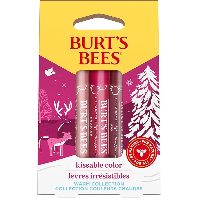 Burt's Bees Shimmer Lip Tint Stocking Stuffers Set, Tinted Lip Balm, Moisturizing for All Day Hydration with Natural Glowy Pigmented Finish & Buildable Color, Kissable Color, Warm Collection (3-Pack)