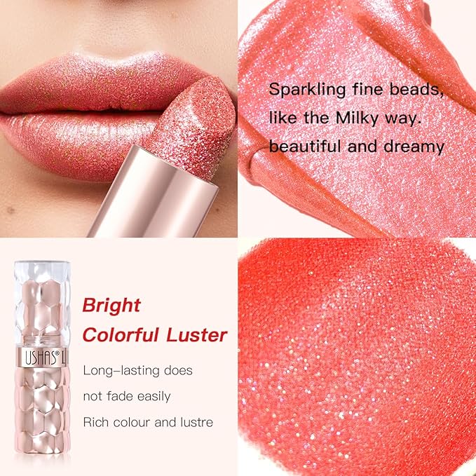 USHAS 6pc Diamond Shimmer Lipstick Set - Dark Red Pink Purple Mauve Glitter Sparkly Glossy Metallic Sparkle Waterproof Lipstick for Women (6 Count (01-06), Pack of 1)