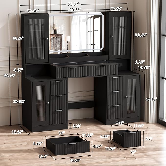 55" Vanity Desk with Mirror & Lights, Fluted Makeup Vanity with 8 Drawers & 4 Cabinets, Tempered Glass Top, RGB Cabinet Lighting, 3-Color Dimmable Mirror, and Charging Station (Matte Black)
