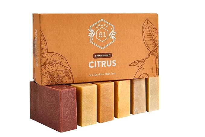 Crate 61 Organics, Handmade in Canada, Plant Based Cold Process Natural Bar Soap, With Premium Essential Oils, Dry Skin, Pack of 6 (Citrus)