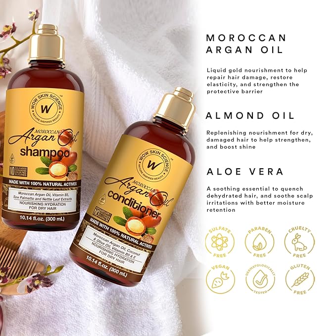 WOW Skin Science Moroccan Argan Oil Shampoo and Conditioner Set - Moroccan Oil Shampoo & Conditioner Set Sulfate & Paraben Free - Shampoo & Conditioner Set for All Hair Types