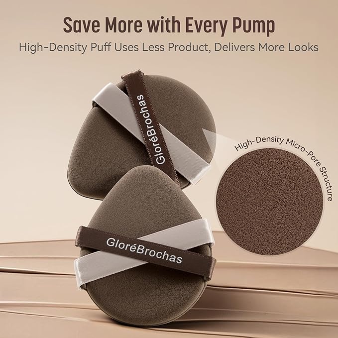 Makeup Sponge Set, GloréBrochas 4PCS Micro Porous Low Absorption Foundation Sponges, Latex-Free PU Cushion Puff, 3.2inches Soft Dual-Sided Brown Powder Puff for Face Powder, Individually Wrapped