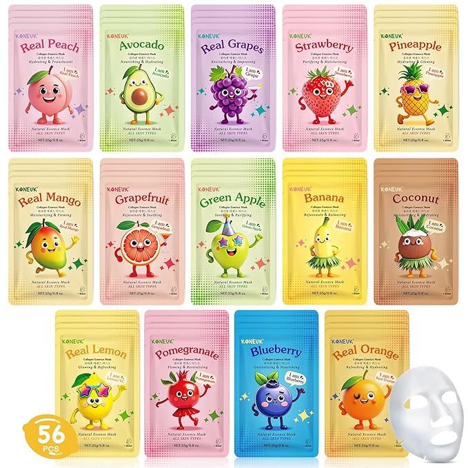 56 Pack Fruit Collagen Face Masks Skincare for Teens Girls, Sheet Face Mask Skin Care for Kids, Bulk Hydrating Facial Masks for Women, Face Mask Set for All Skin Types, Birthday Party Spa Gifts