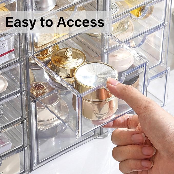 Prsildan Acrylic Drawer Organizer with 17 Drawers, Craft Office Desk Makeup Organizers Accessories, Set of 4 Clear Stackable Storage Drawers for Vanity, Countertop, Jewelry, Art Supply Organization