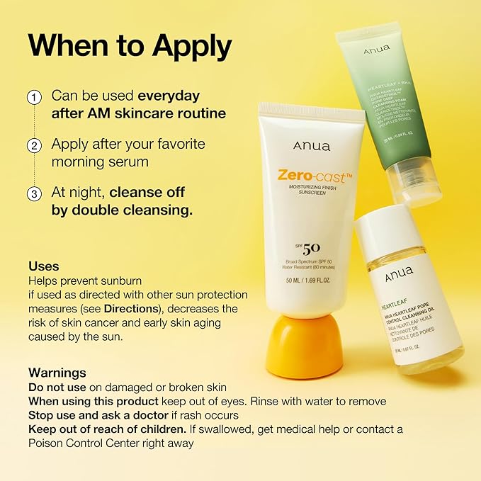 Anua Zero-Cast Moisturizing Finish Sunscreen,SPF 50, Glow Natural Sunscreen,No White cast, Hyaluronic Acid, Niacinamide sun block for face,Oil-Free, Oxybenzone free, Travel Essential (50ml/1.69fl.oz)