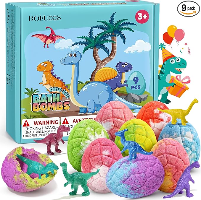 Dinosaur Bath Bombs for Kids with Surprise Inside, Christmas Stocking Stuffers for Kids, 9 Pack Bath Bombs Gift Set, Natural Organic Kid Bubble Bath Fizzy for Girls Boys with Bath Toys Inside