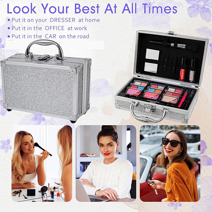 Makeup Kit for Teenager & Women Full Kit, All in One Makeup Set With The Small Cosmetic Train Case, Professional Makeup Kit, Makeup Gift Set for Women Girls (silver)