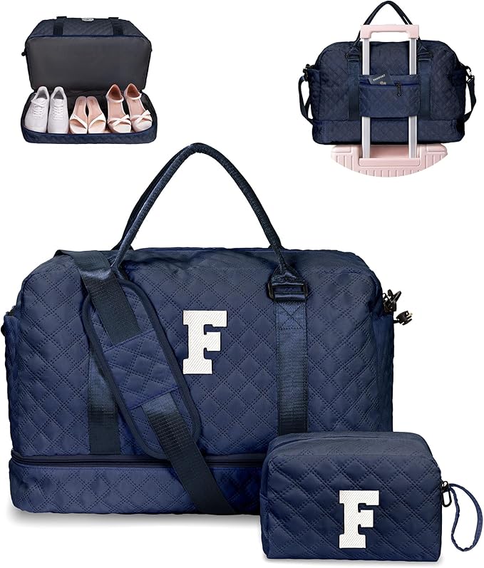 Gifts for Mom-Initial Duffle Bag with Shoe Compartment, Personalized Weekender Bag, Monogram Overnight Bag, Letter Travel Bag with Makeup Bag，Personalized Gifts Idea for Women Her (Letter F)