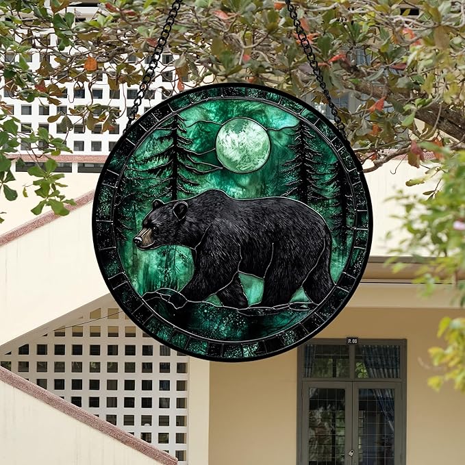 Stained Glass Window Hanging 4 Pcs Set Green Forest Night Sky Wildlife 9.8" - Suncatcher Door Garden Sun Catcher Decor Birthday for Mom Woman Nana Men Friend
