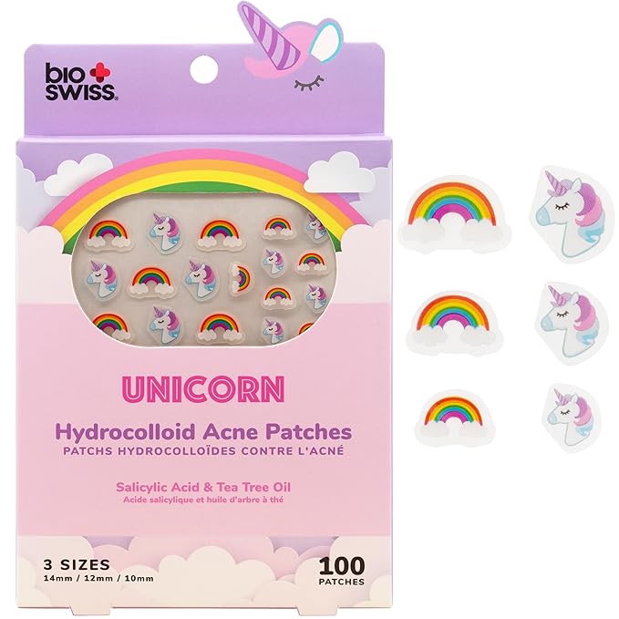 BioSwiss Pimple Patches, Rainbow Unicorn Patch for Zits and Blemishes, Hydrocolloid Spot Stickers for Face and Skin, 100 Count