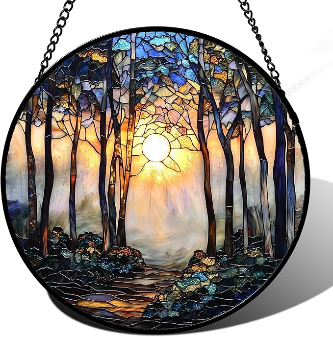Stained Glass Window Hanging, Forest Sunrise Smoke Blue Brown Tree Suncatcher for Doors Window Home Landscape Sun Catchers Decor Mother's Day Birthday Gifts for Women, Men Mom 6.3 in