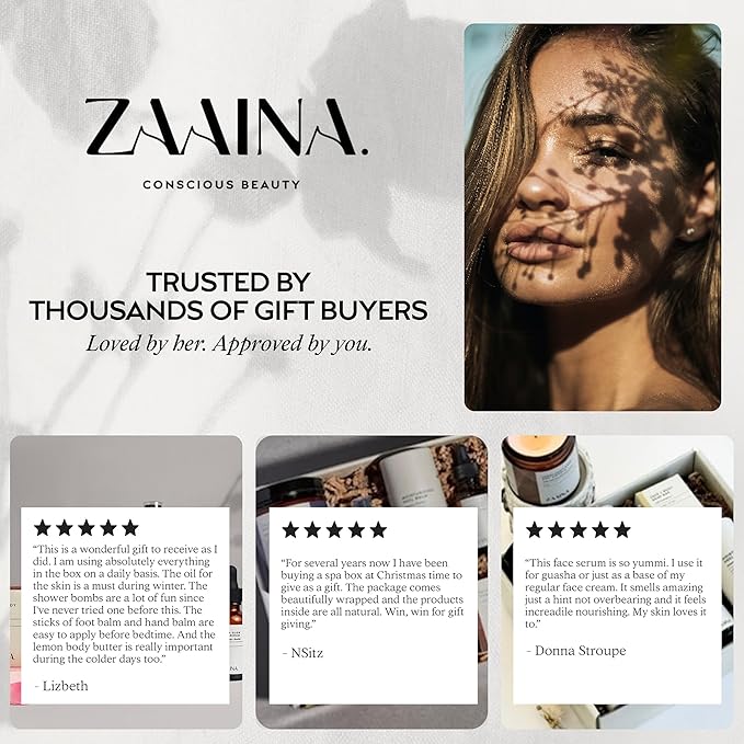 ZAAINA Spa Gift Basket for Women – Luxury Self Care Kit with Face Mist, Glow Serum, Soaps & Lip Balm – Natural Handmade Pampering Care Package for Women – Birthday & Relaxation Spa Basket (Deluxe Set)