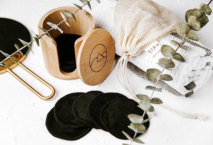 EIRA's Washable Makeup Remover Pads - Black Bamboo Reusable Cotton Rounds with Wooden Holder. Makeup Remover Cloths - Eco-Friendly - Zero Waste Reusable Makeup Remover Pads Set