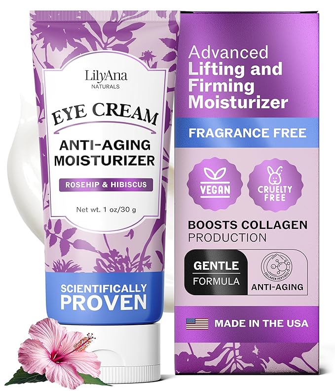 LilyAna Naturals Eye Cream for Dark Circles and Puffiness, Anti Aging Under Eye Cream for Wrinkles and Bags helps Improve Dryness; for Sensitive Skin (Bottle, 1.0 Ounce (Pack of 1))