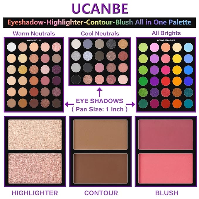 UCANBE Eyeshadow Palette with 15Pcs Brushes Makeup Set, Pigmented 86 Colors Make Up Sets Valentine's Gift, Matte Shimmer Glitter Eye Shadow Pallet Highlighter Contour Blush Powder Brush Beauty Kit
