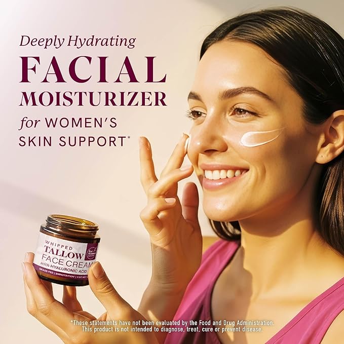 Beef Tallow Face Moisturizer for Women | With Hyaluronic Acid | Hydrating Whipped Beef Tallow for Skin Care for Women | With Jojoba & Sweet Almond Oil | Paraben & Cruelty-Free, Non-GMO | 4 oz