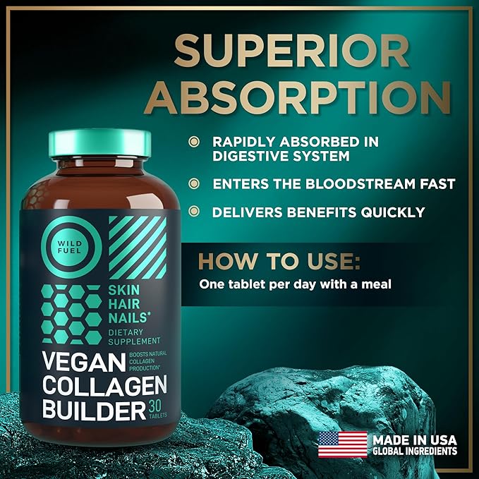WILD FUEL Vegan Collagen Builder - Biotin, Organic Superfood, Amino Acids Glycine, Lysine, Proline Plant-Based Collagen Booster Supplements - 30 Organic Extract Tablets