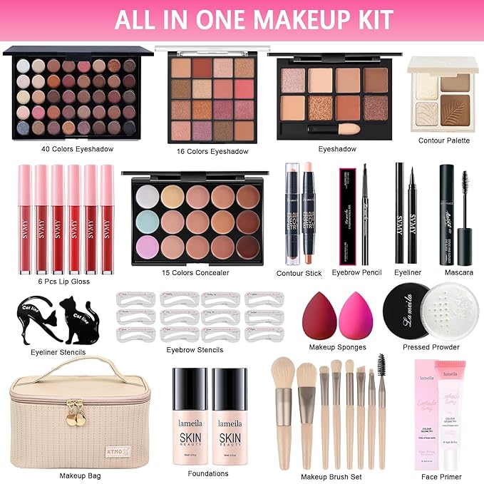 All in One Makeup Kit for Women Full Kit, Makeup Gift Sets for Women Teens Girls, Makeup Essential Bundle Includes Eyeshadow Palette Foundation Eyeliner Contour Stick Lip Gloss Cosmetic Brush Set