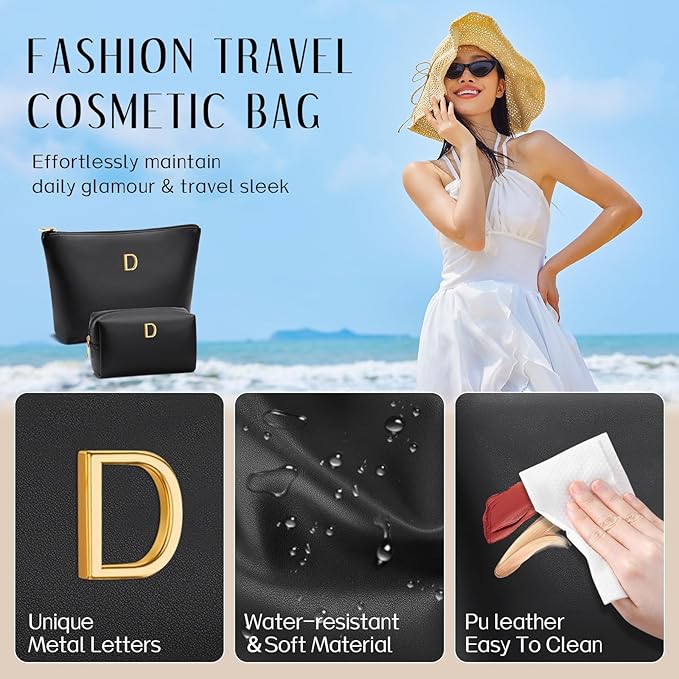 Women Gifts | Initial Makeup Bag Set for Girl Personalized Gifts for Bridesmaid Friend Graduation Teachers PU Leather Cosmetic Travel Toiletry Bag(Black,D)