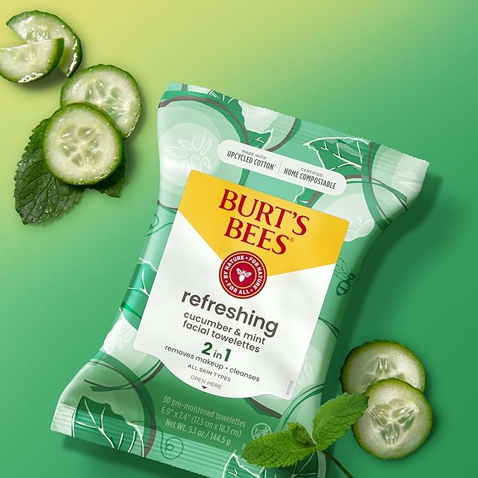 Burt's Bees Cucumber & Mint Face Wipes, for All Skin Types, Refreshing Makeup Remover & Facial Cleansing Towelettes, 30 Ct. (3-Pack)