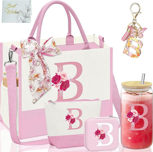 Initial Canvas Tote Bag,Birthday Gifts for Women,Monogrammed Gifts for Women,Initial Glass Cup,Personalized Gifts for Women,Initial Makeup Bag,Unique Gifts for Mom Sister Bestie-B