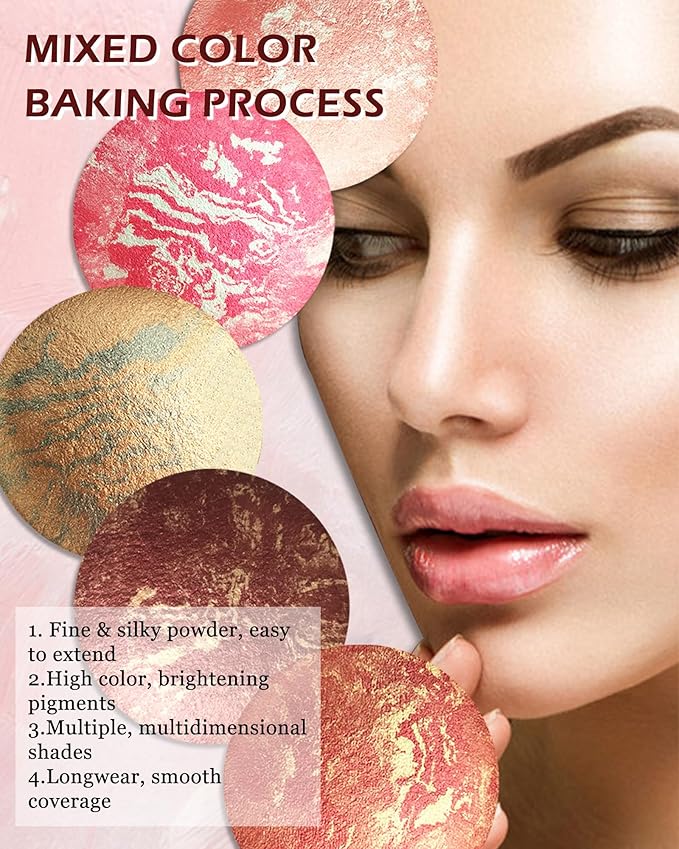 Baked Powder Blush, Glow Marbleized Blush Powder Palette,Lightweight Shimmery Facail Blusher for Face Cheeks,Eyeshadow & Highlight,Makeup Gift for Women rubores de maquillaje(0.49Ounce)-02