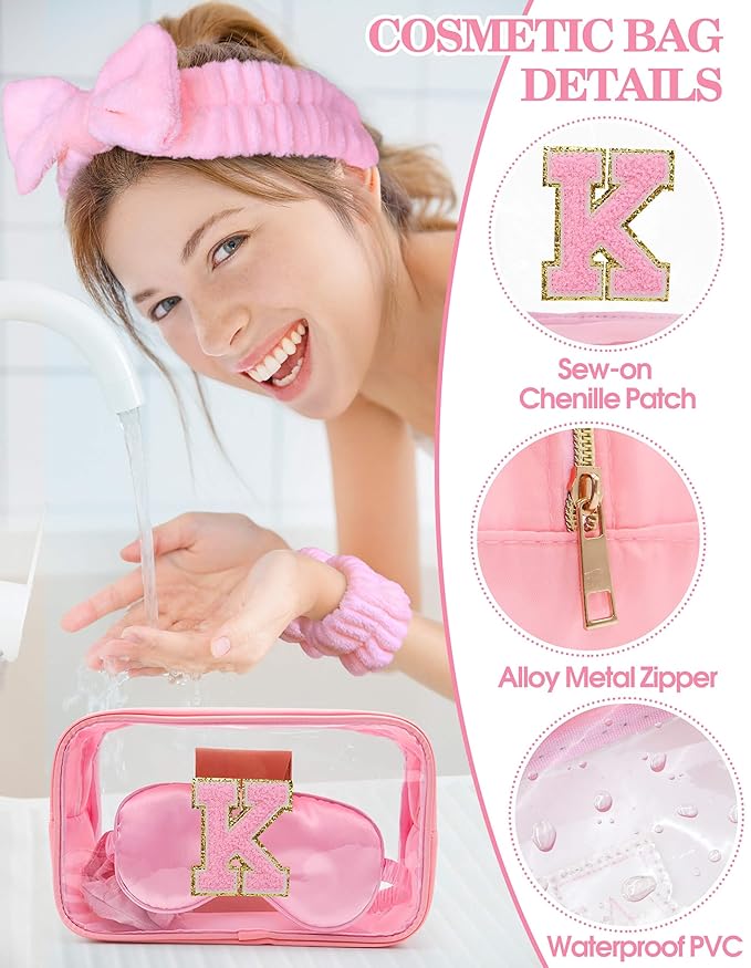 Gift Sets for Women, Initial Makeup Bag with Makeup Brush Set Bachelorette Party Favors, Pink Spa Kit with Skincare Headbands Wrist Bands Sleepover Party Supplies Gifts for Teen Girls Bridesmaid K