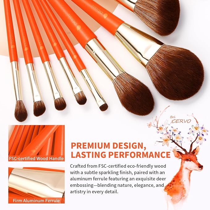 DUcare Makeup Brushes 9Pcs Vegan Makeup Brush Set with Travel Pouch - Face & Eye Brush Kit for Powder Contour Blush Concealer Eyeshadow Blending & Detailing, Synthetic Bristles,Orange