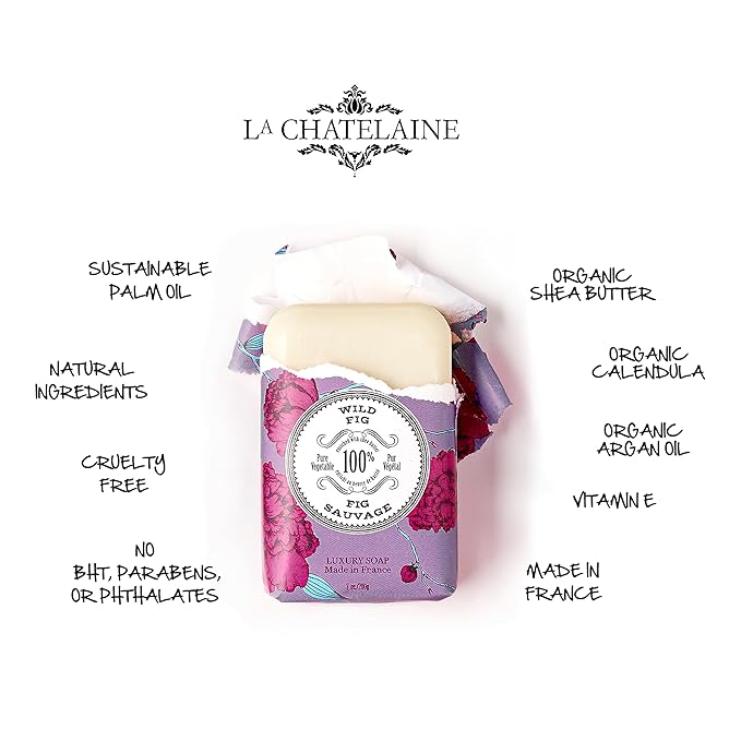 La Chatelaine Wild Fig Triple Milled Bar Soap and 20% Shea Butter Hand Cream Gift Tin, Holiday Gift Set for Mom, Plant-Based, Natural & Organic, Made in France (7 oz. soap bar, 1 oz. hand lotion)