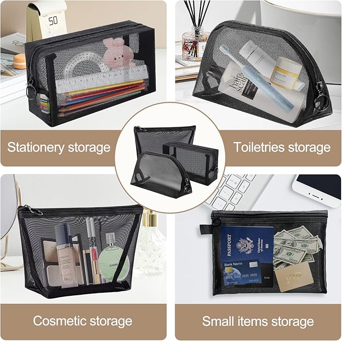 8 Pieces Mesh Makeup Bag Set,Cosmetic Bags Make up pouch,Portable Clear Travel Toiletry Makeup Kit Bag Organizer Mesh Zipper Pouch Purse Beauty Storage Bags for Home Office Travel Accessories(Black)